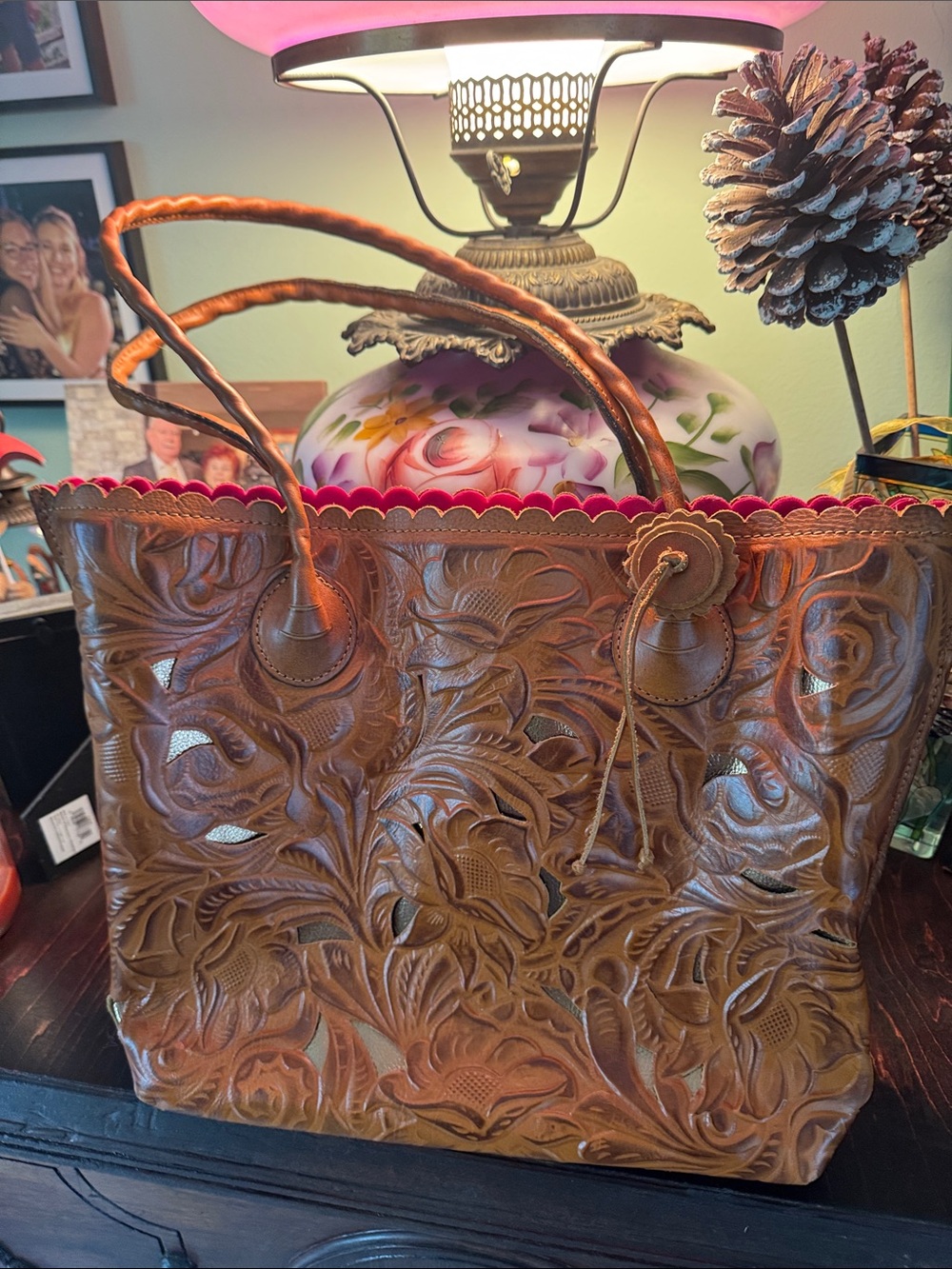 Women's Embossed Floral Leather Shoulder Tote - Brown